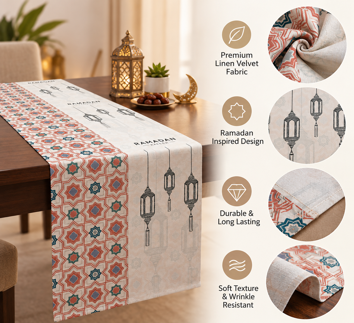 Layali Ramadan Linen Velvet Tablecloth, Decorative Ramadan Pattern for Dining Table