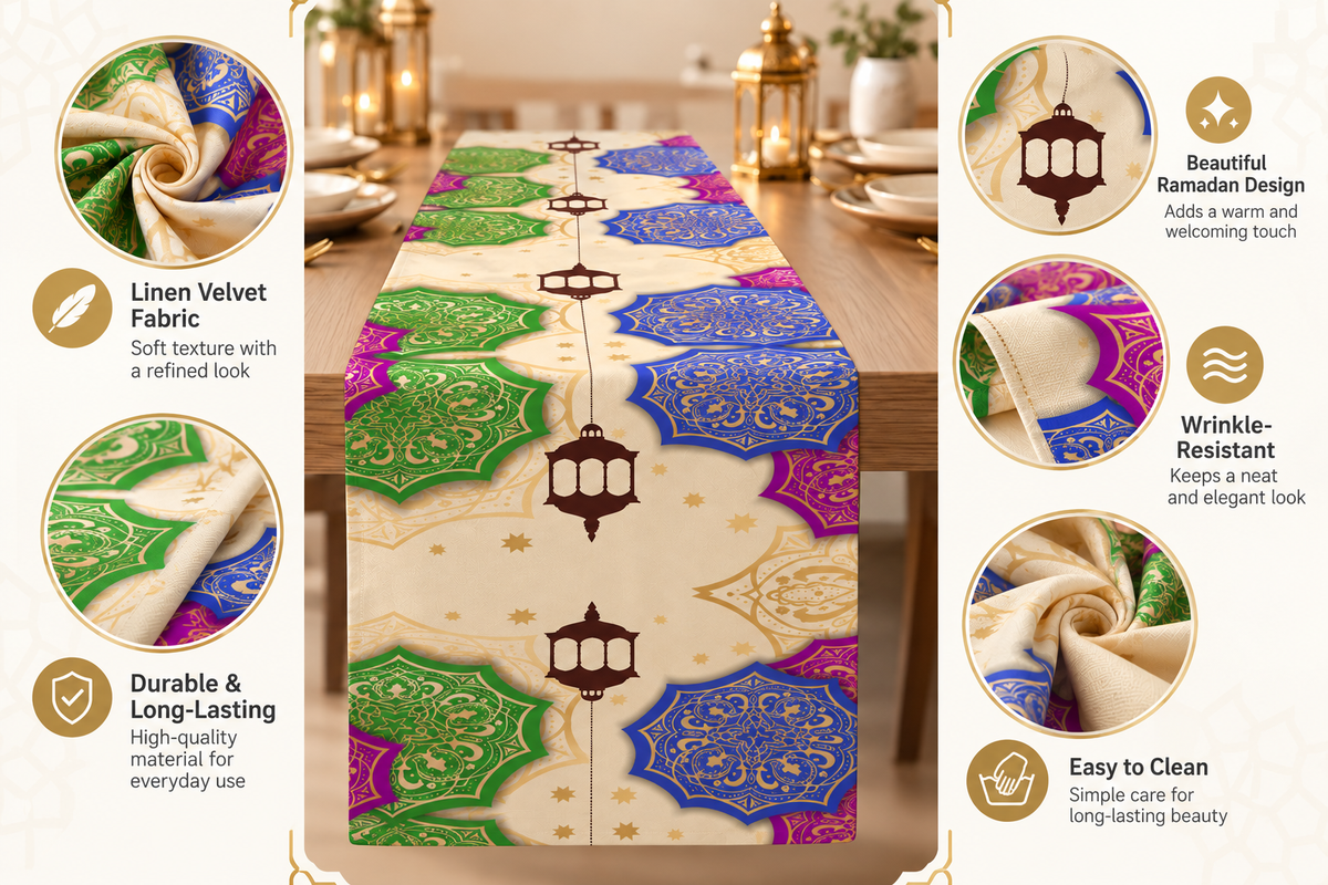 Layali Ramadan Linen Velvet Tablecloth, Decorative Ramadan Pattern for Dining Table