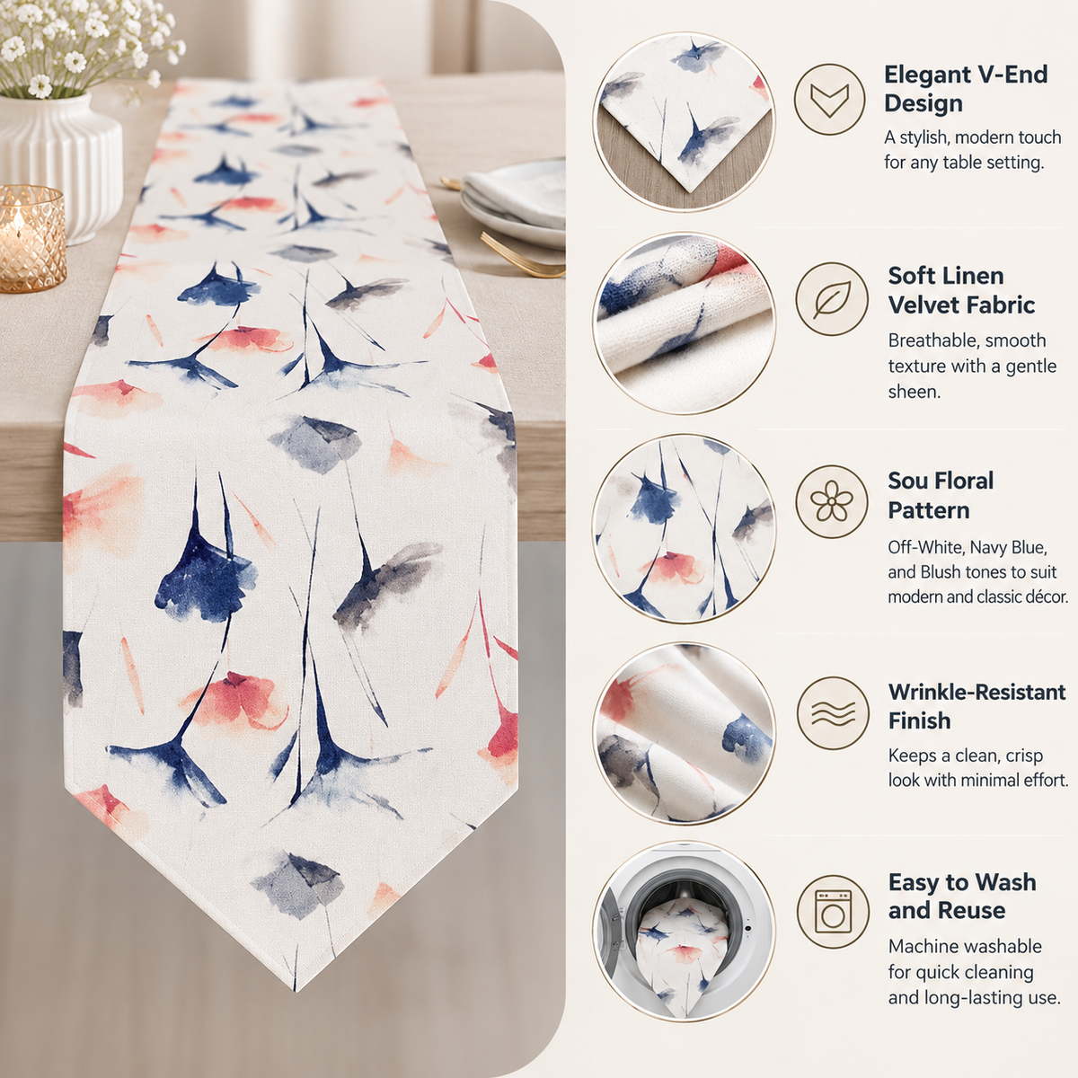 مفرش طاولة من INTEX HOME، بنقشة زهور جنوبية، تصميم على شكل حرف V، قماش مخملي فاخر من الكتان، فائق النعومة ومقاوم للتجاعيد، قطعة واحدة، أبيض عاجي × أزرق داكن × وردي، لديكور غرفة الطعام والمعيشة 