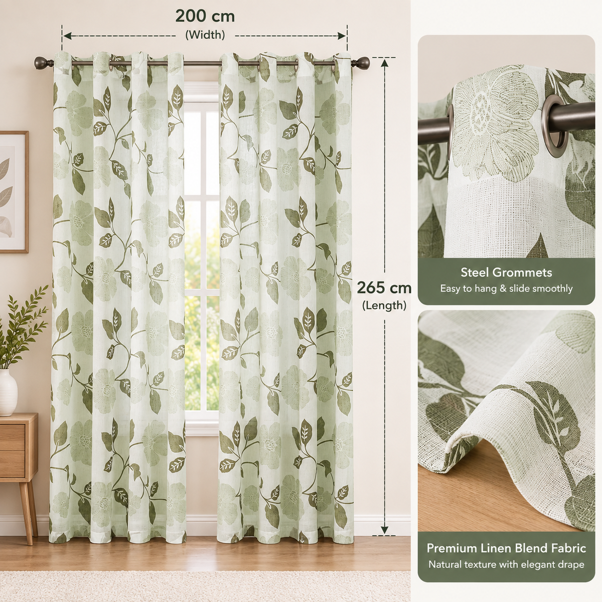 INtex Curtains Rich Natural Linen curtains - Printed floral curtains- Semi-transparent - sliver steel grommets for living room, bedroom, kitchens - 1 Piece
