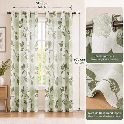 INtex Curtains Rich Natural Linen curtains - Printed floral curtains- Semi-transparent - sliver steel grommets for living room, bedroom, kitchens - 1 Piece