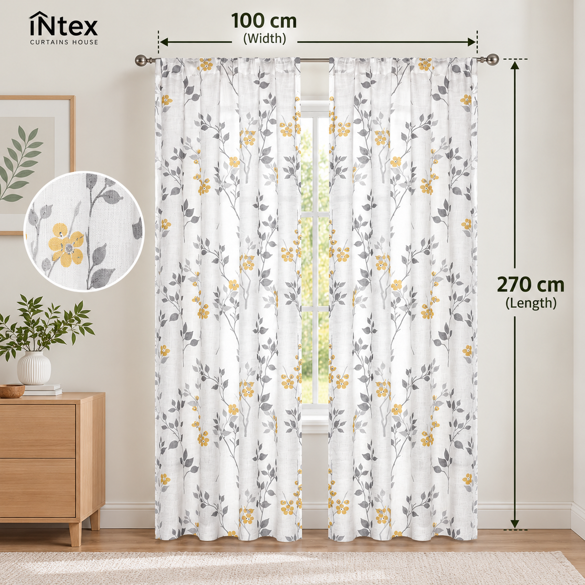 INtex CURTAINS HOUSE Rich Natural Linen curtains - Printed floral curtains- Semi-transparent - Road Pocket grommets for living room, bedroom, kitchens, 1 piece