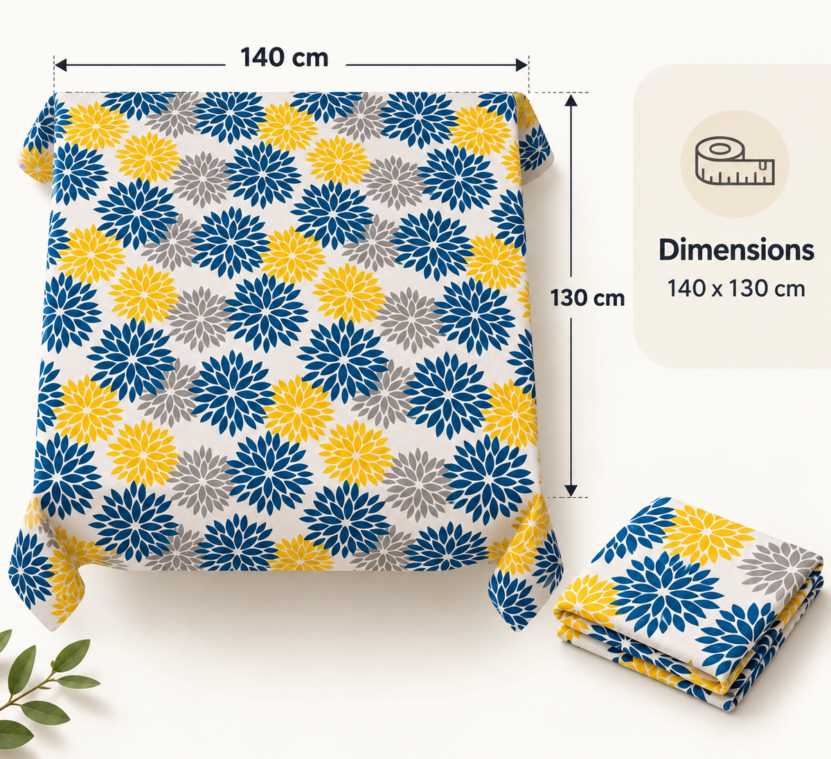 Blue, Grey & Yellow Floral Linen Velvet Tablecloth, Textured, Spill-Proof, Wrinkle-Resistant, Ultra-Soft, 1 Piece