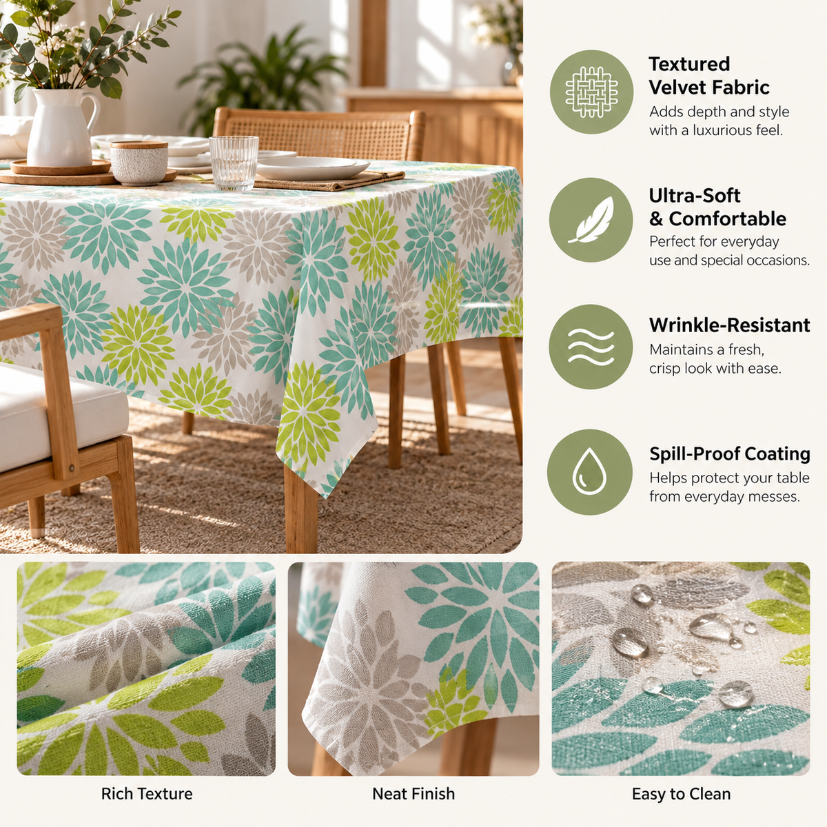 Aqua & Green Floral Linen Velvet Tablecloth, Textured, Spill-Proof, Wrinkle-Resistant, Ultra-Soft, 1 Piece