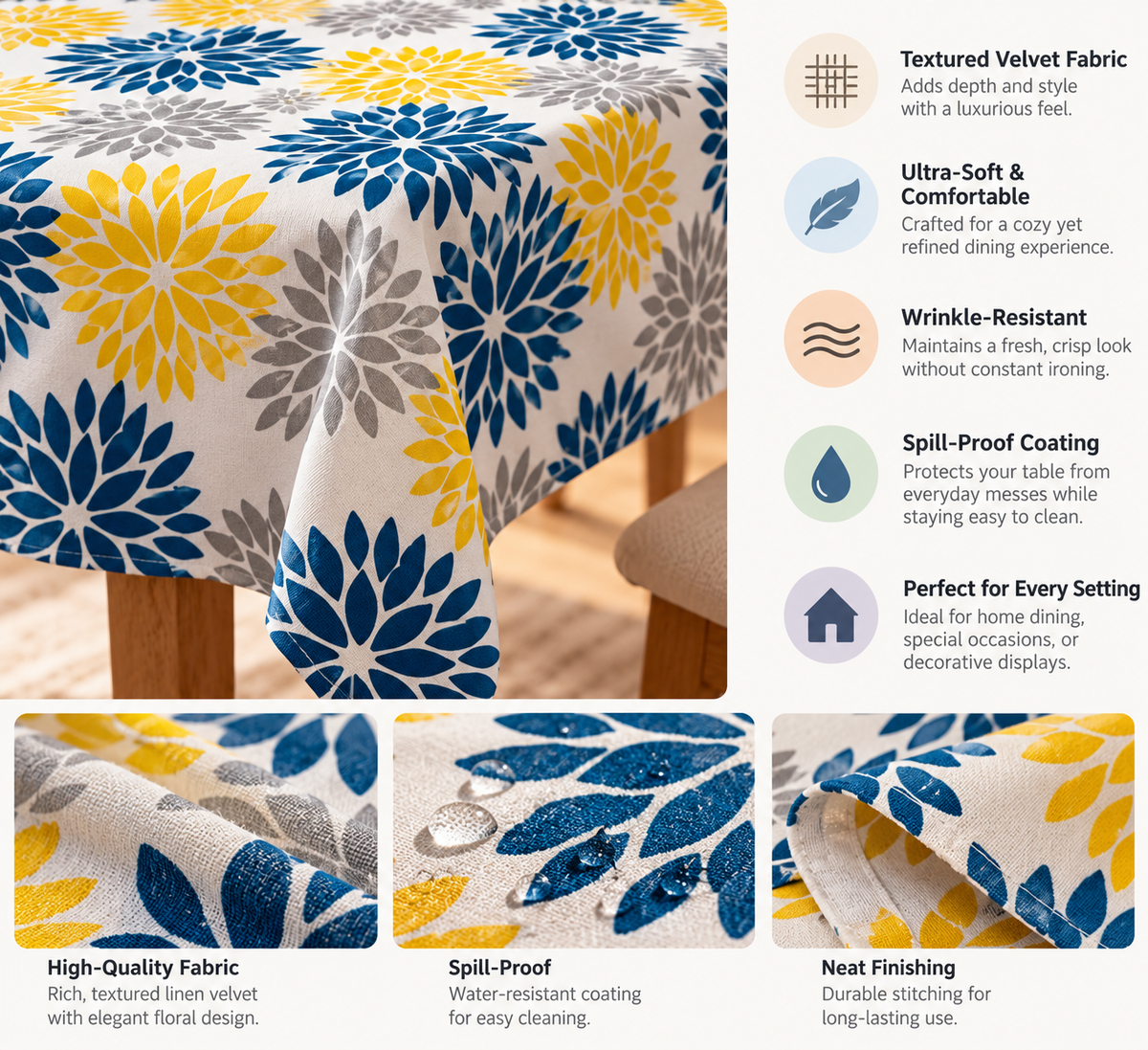 Blue, Grey & Yellow Floral Linen Velvet Tablecloth, Textured, Spill-Proof, Wrinkle-Resistant, Ultra-Soft, 1 Piece