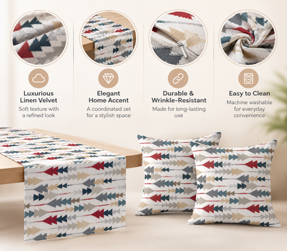 Sofia Elegance Burgundy/Beige/Grey Linen Velvet Runner (45x135 cm) + 2 Cushion Covers Set