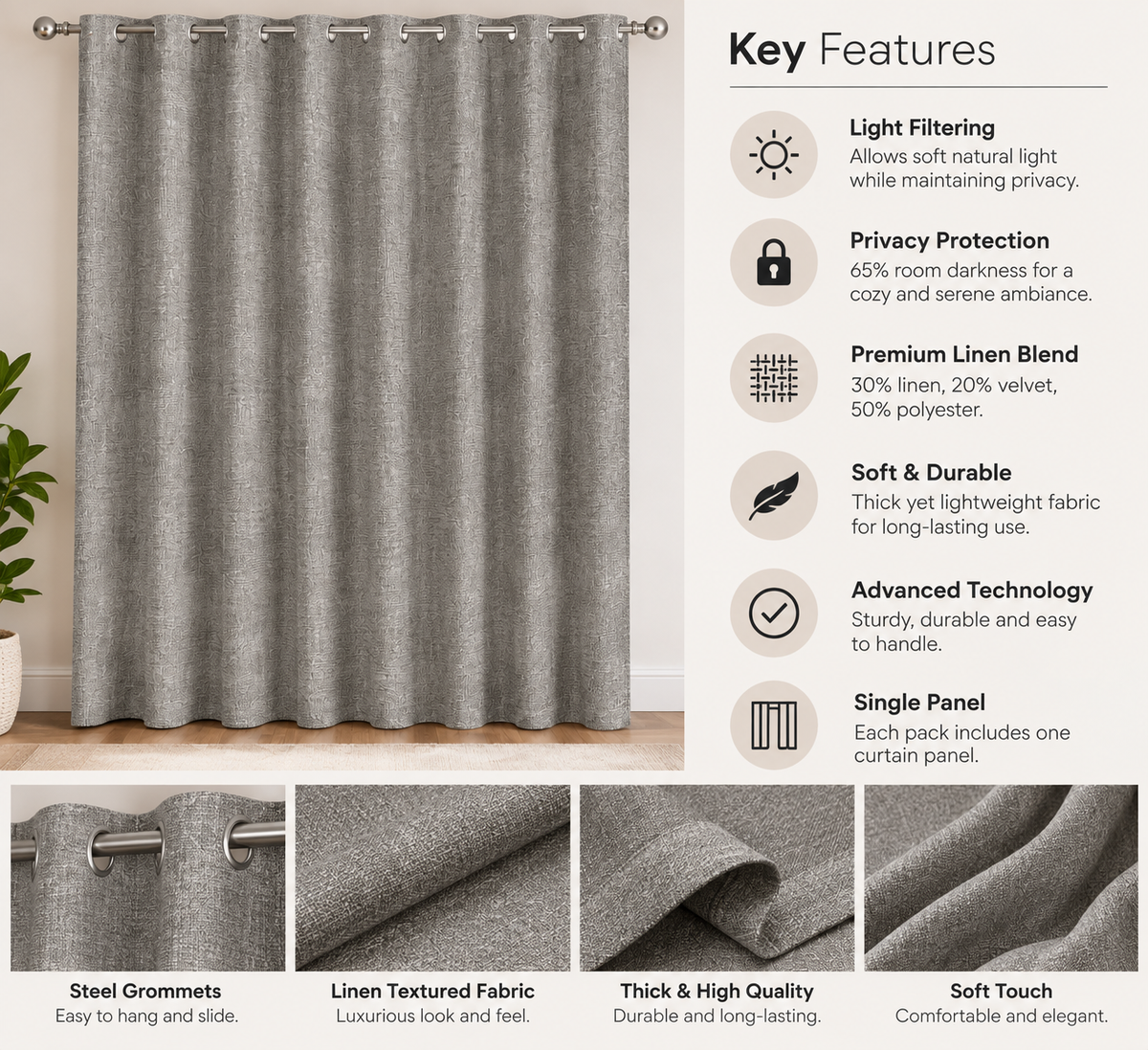 INtex CURTAINS HOUSE Faux Linen Textured Curtains Durable Fabric-Light Filtering Drapes forLiving Rooms Reception and Bedroom - Steel Grommets - Single Panel