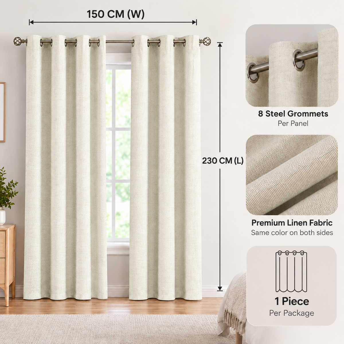 Intex Curtains House Linen Blackout Curtain – 100% Blackout, Sun Zero, Full Room Darkening – Thermal Insulated Fabric – Silver Steel Grommets – 1 Piece