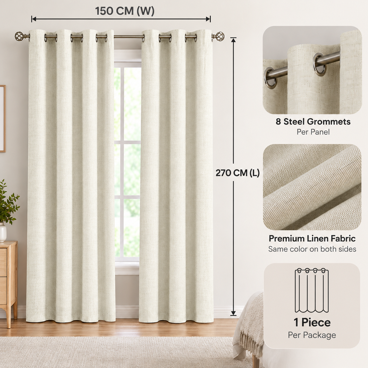 Intex Curtains House Linen Blackout Curtain – 100% Blackout, Sun Zero, Full Room Darkening – Thermal Insulated Fabric – Silver Steel Grommets – 1 Piece