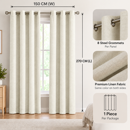 Intex Curtains House Linen Blackout Curtain – 100% Blackout, Sun Zero, Full Room Darkening – Thermal Insulated Fabric – Silver Steel Grommets – 1 Piece
