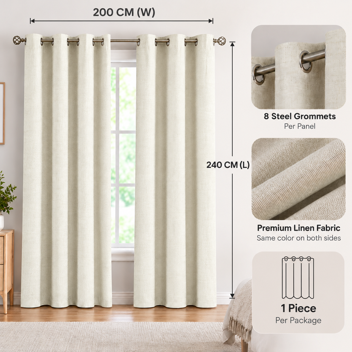 Intex Curtains House Linen Blackout Curtain – 100% Blackout, Sun Zero, Full Room Darkening – Thermal Insulated Fabric – Silver Steel Grommets – 1 Piece