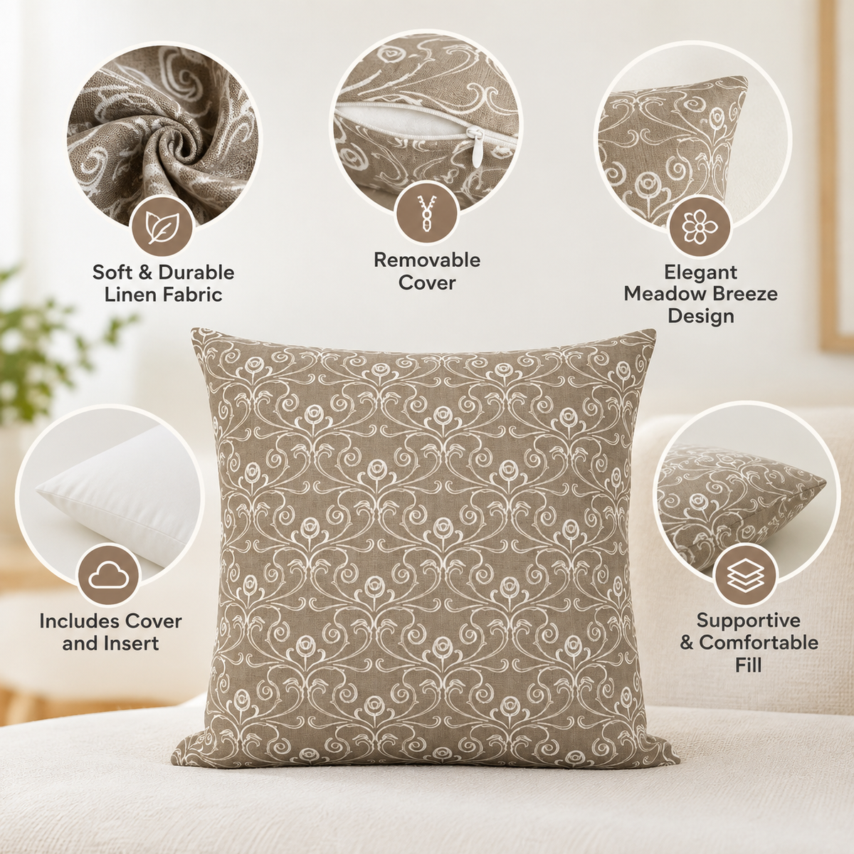 وسائد INtex Home Linen Throw مع حشوة متضمنة، غطاء وسادة مطبوع عليه Meadow Breeze، قماش ناعم ومتين لغرفة المعيشة أو غرفة النوم أو الأريكة، وسائد أنيقة لإضفاء لمسة منزلية مميزة 