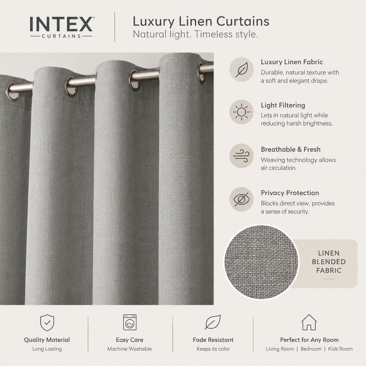 INTEX Natural Linen Semi-Sheer Curtains, Steel Grommets, Soft & Durable, for Living Room & Bedroom, 2 Panels