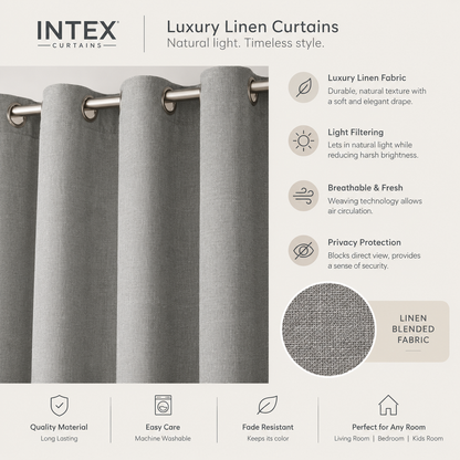 INTEX Natural Linen Semi-Sheer Curtains, Steel Grommets, Soft & Durable, for Living Room & Bedroom, 2 Panels