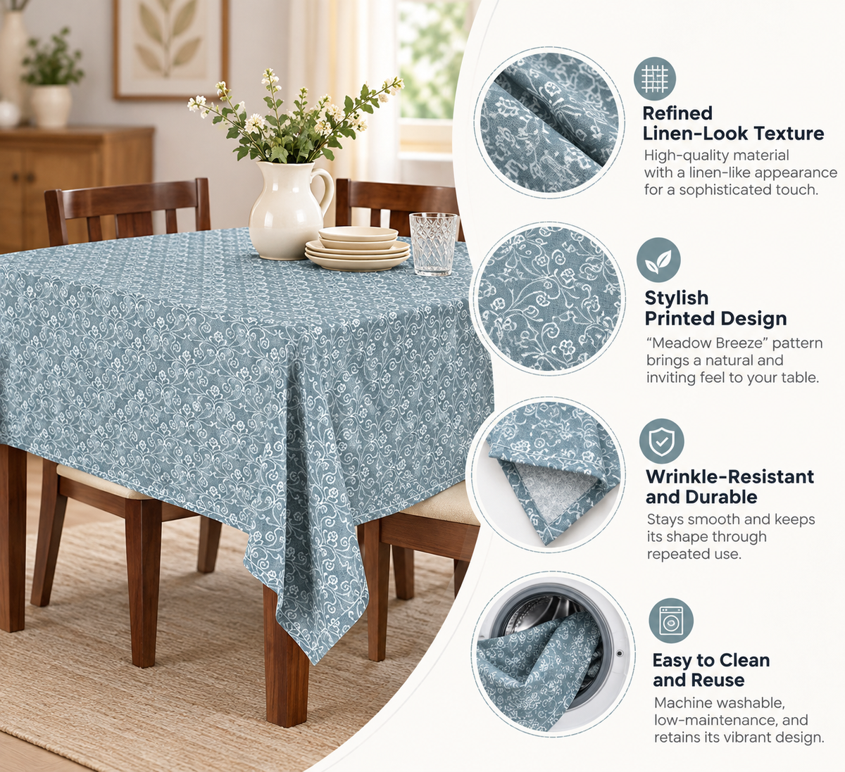 Intex Home Meadow Breeze Linen-Look Tablecloth, Wrinkle-Resistant, Dining/Events/Everyday, 1 Pc