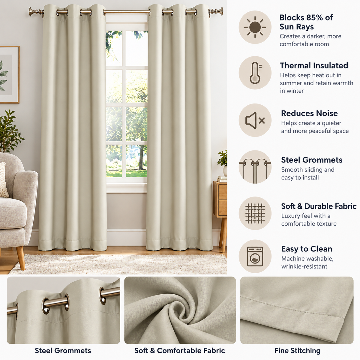 Intex Curtains House Off-White Blackout Curtain – Steel Grommets – Thermal Insulated Fabric – Room Darkening – 1 Panel