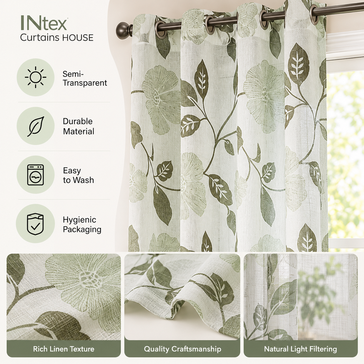 INtex Curtains Rich Natural Linen curtains - Printed floral curtains- Semi-transparent - sliver steel grommets for living room, bedroom, kitchens - 1 Piece