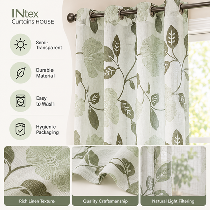 INtex Curtains Rich Natural Linen curtains - Printed floral curtains- Semi-transparent - sliver steel grommets for living room, bedroom, kitchens - 1 Piece