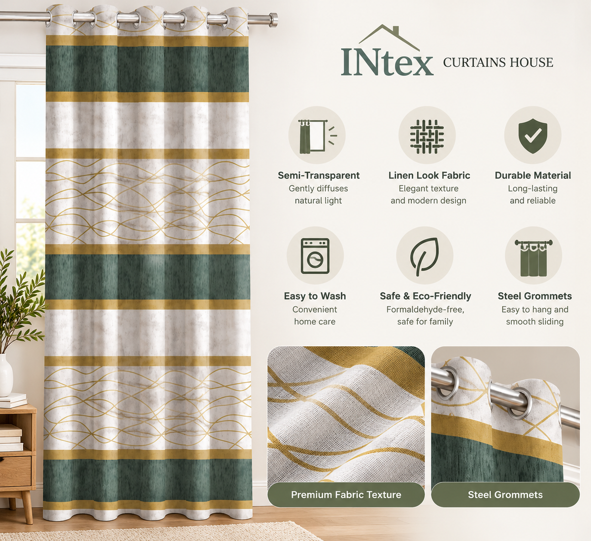 INtex CURTAINS HOUSE Modernistic Linen Curtain Panel - Crosswise Striped Sheer - Semi-Transparent - Steel Grommets - 1 Piece