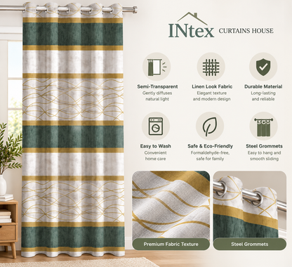 INtex CURTAINS HOUSE Modernistic Linen Curtain Panel - Crosswise Striped Sheer - Semi-Transparent - Steel Grommets - 1 Piece
