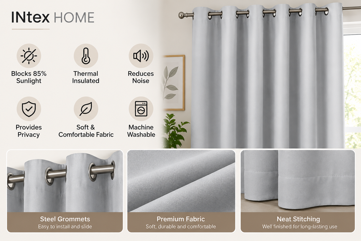 Intex Curtains House Silver Blackout Curtain – Steel Grommets – Thermal Insulated Fabric – Room Darkening – 1 Panel
