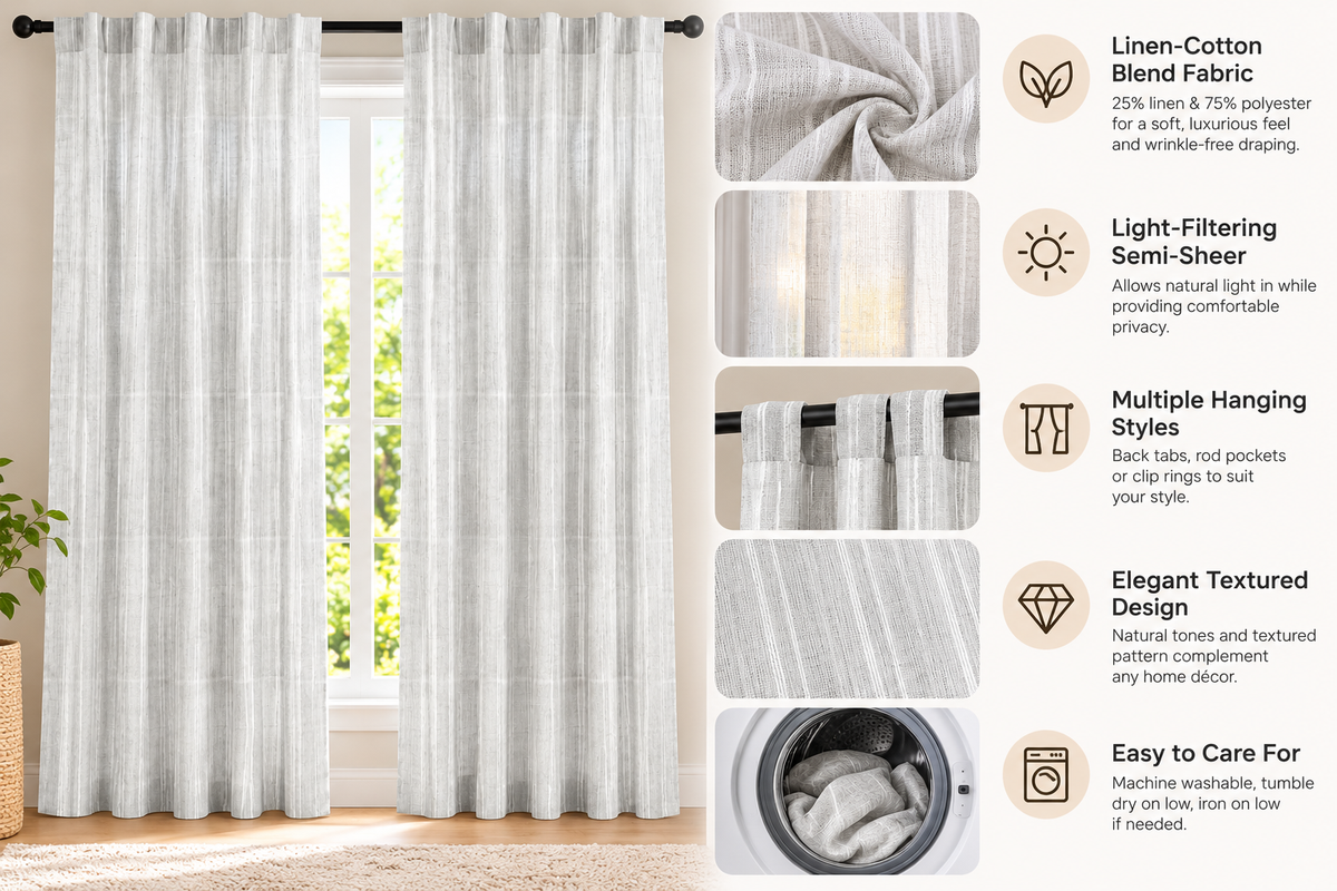 INtex CURTAINS HOUSE Linen Curtains for Living Room, Semi-Sheer Light-Filtering Drapes with White Stripes, Natural Fabric, 2 Hanging Options, 1 Piece