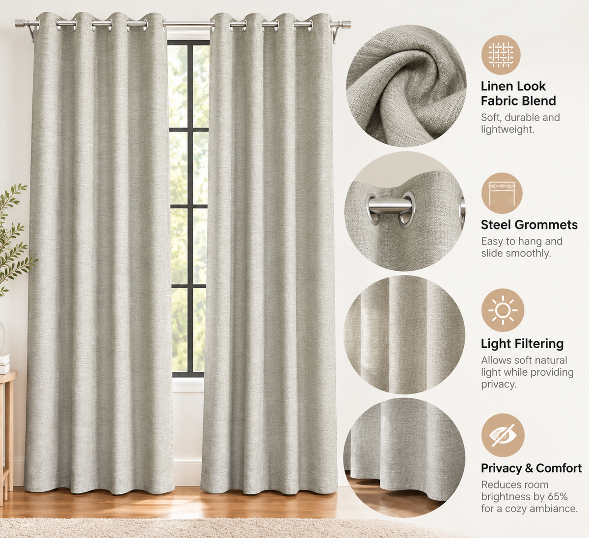 INtex CURTAINS HOUSE Faux Linen Textured Curtains Durable Fabric-Light Filtering Drapes for Living Rooms Reception and Bedroom - Steel Grommets - 2 Pieces