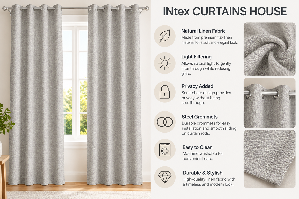 INtex CURTAINS HOUSE Natural Linen Curtains & Drapes with Steel Grommets, providing Semi-Sheer privacy and Light Filtering for Bedroom-Living Room. 2 Pieces