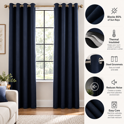 Intex Curtains House Navy Blackout Curtain – Steel Grommets – Thermal Insulated Fabric – Room Darkening – 1 Panel