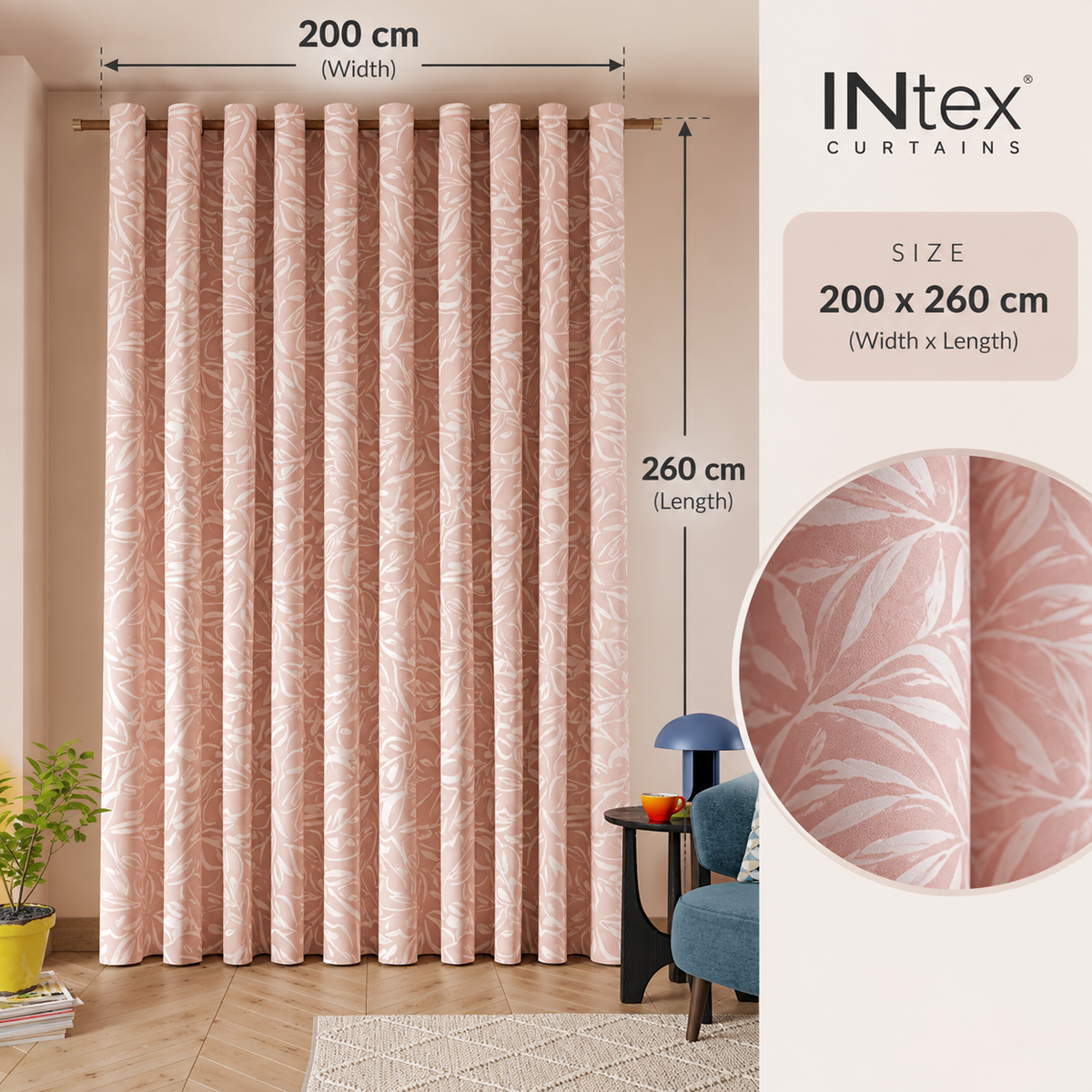 INTEX Curtains House – Linen Velvet Curtain, Pink Printed Leaves, Sheer, with Steel Grommets (1 Panel)
