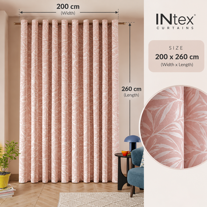 INTEX Curtains House – Linen Velvet Curtain, Pink Printed Leaves, Sheer, with Steel Grommets (1 Panel)