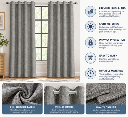 INtex CURTAINS HOUSE Faux Linen Textured Curtains Durable Fabric-Light Filtering Drapes for Living Rooms Reception and Bedroom - Steel Grommets - 2 Pieces