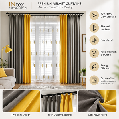 INtex CURTAINS HOUSE Linen Velvet Modern Design Curtain â€“ Two colors With Tie-backs - 2 Piece - Basic Tape Design