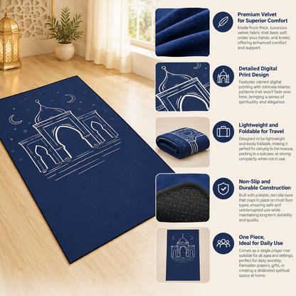 INtex Home Prayer Rug, Luxury Velvet Fabric with Digital Print, Soft Comfortable Islamic Mat for Daily Prayers, Elegant Lightweight Foldable for Mosque or Home Use