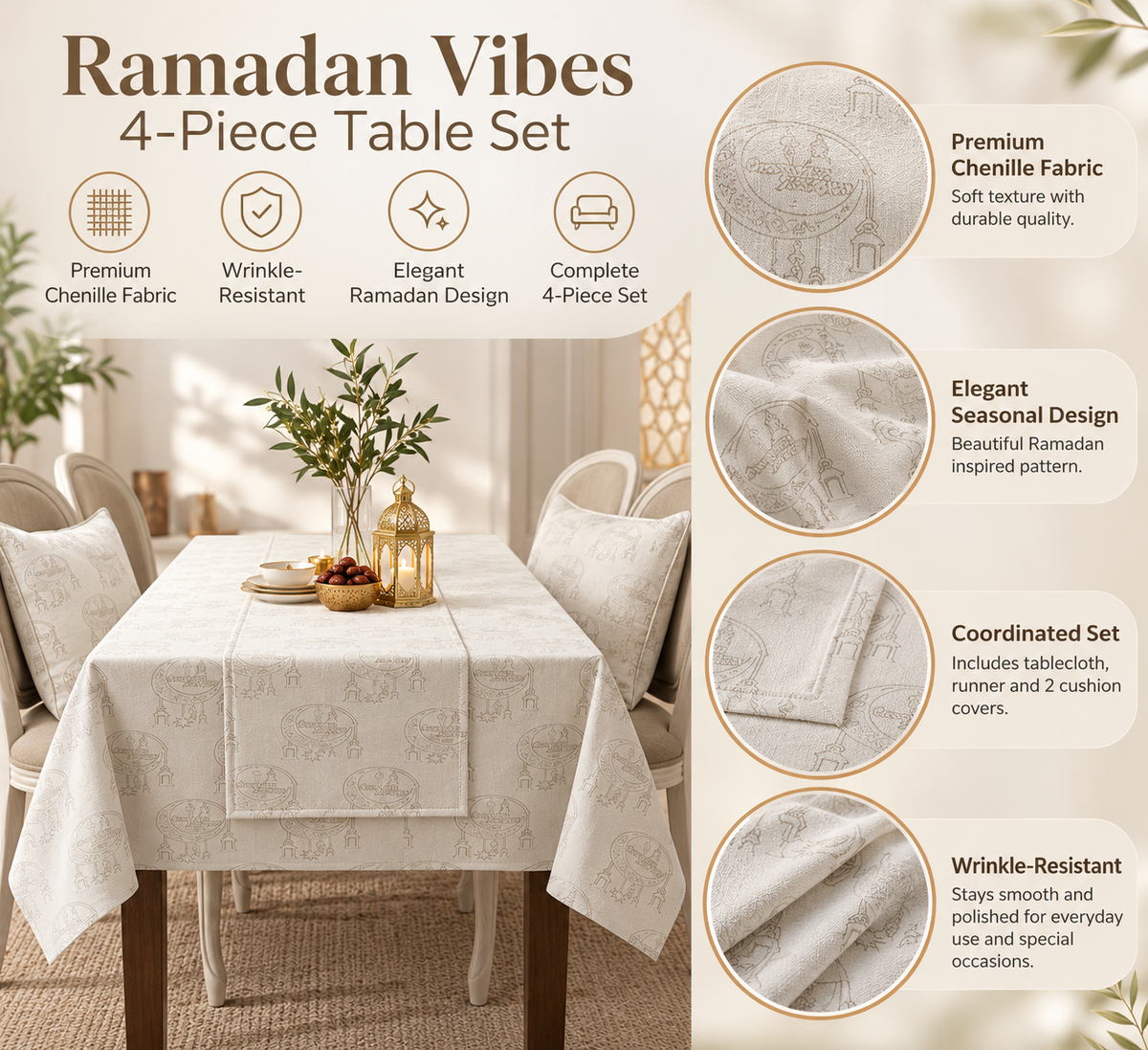 Ramadan Vibes 4-Piece Table Set, Premium Chenille, Tablecloth, Runner & 2 Cushion Covers