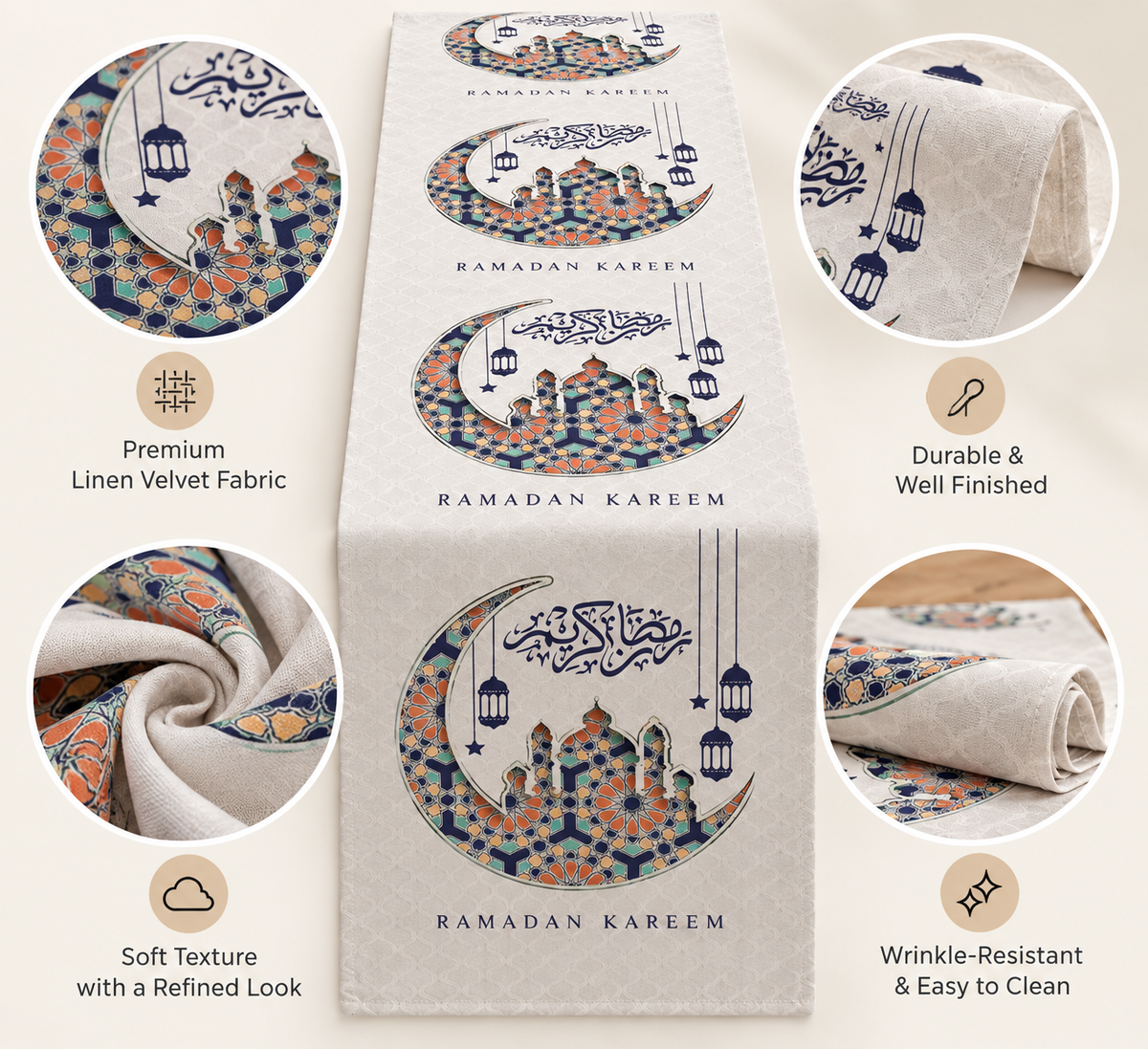 Layali Ramadan Linen Velvet Tablecloth, Decorative Ramadan Pattern for Dining Table