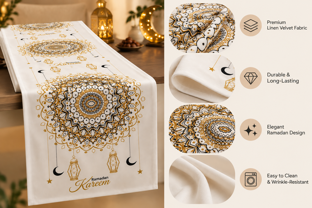 Layali Ramadan Linen Velvet Tablecloth, Decorative Ramadan Pattern for Dining Table