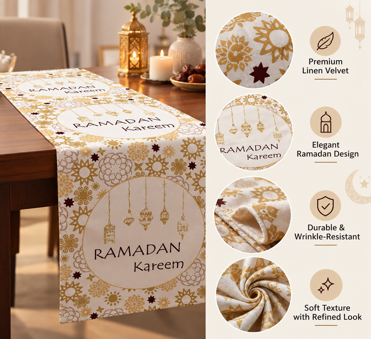 Layali Ramadan Linen Velvet Tablecloth, Decorative Ramadan Pattern for Dining Table
