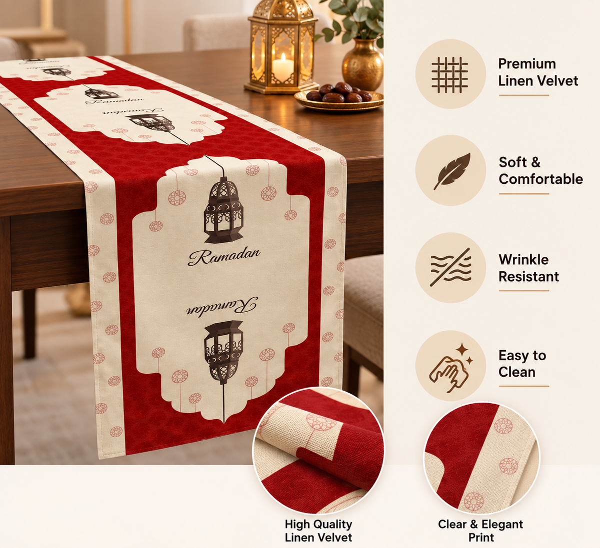Layali Ramadan Linen Velvet Tablecloth, Decorative Ramadan Pattern for Dining Table