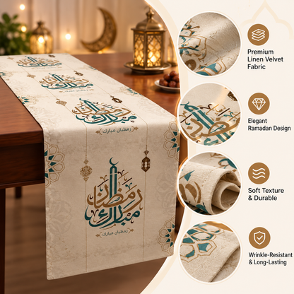 Layali Ramadan Linen Velvet Tablecloth, Decorative Ramadan Pattern for Dining Table