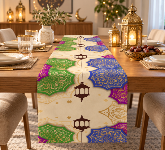 Layali Ramadan Linen Velvet Tablecloth, Decorative Ramadan Pattern for Dining Table