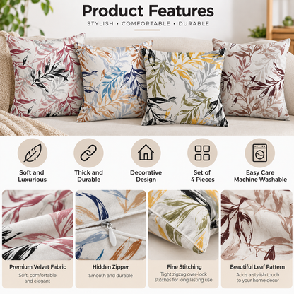 INtex CURTAINS HOUSE Printed Linen Velvet Cushion Covers, Throw Pillow Covers, Leaves Pattern Decorative Pillow Covers, Set of 4 Pieces Multicolor