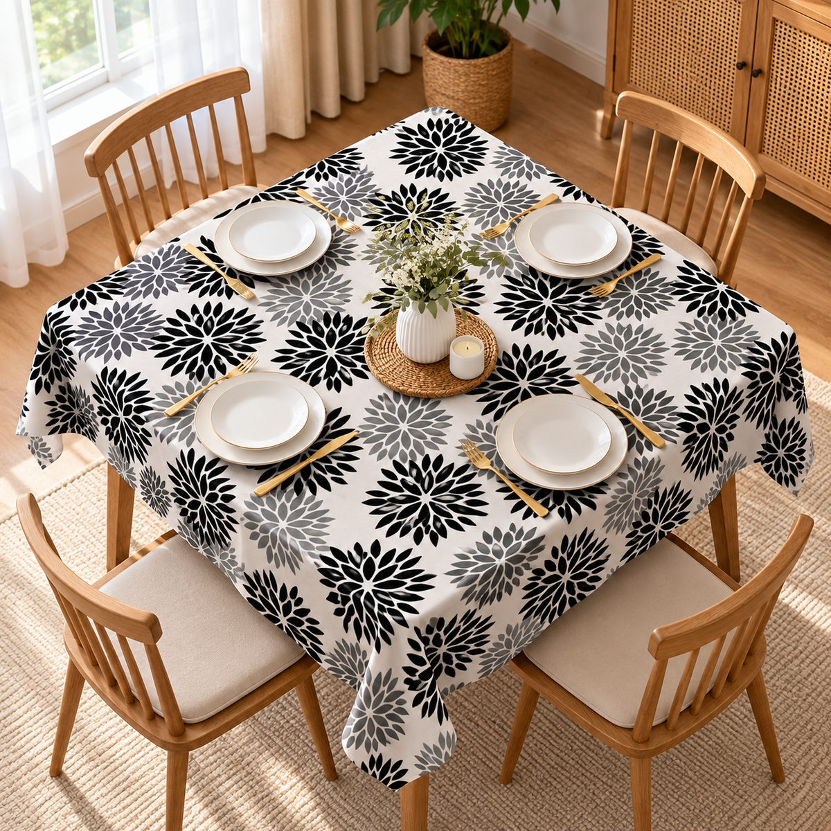 Black & Grey Floral Linen Velvet Tablecloth, Textured, Spill-Proof, Wrinkle-Resistant, Ultra-Soft, 1 Piece