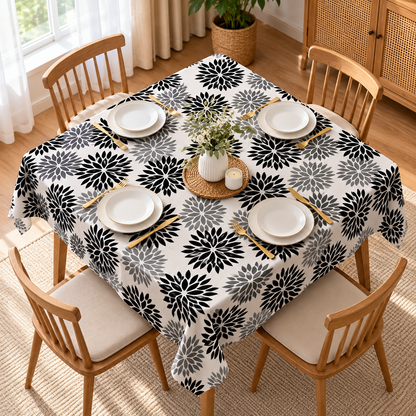 Black & Grey Floral Linen Velvet Tablecloth, Textured, Spill-Proof, Wrinkle-Resistant, Ultra-Soft, 1 Piece