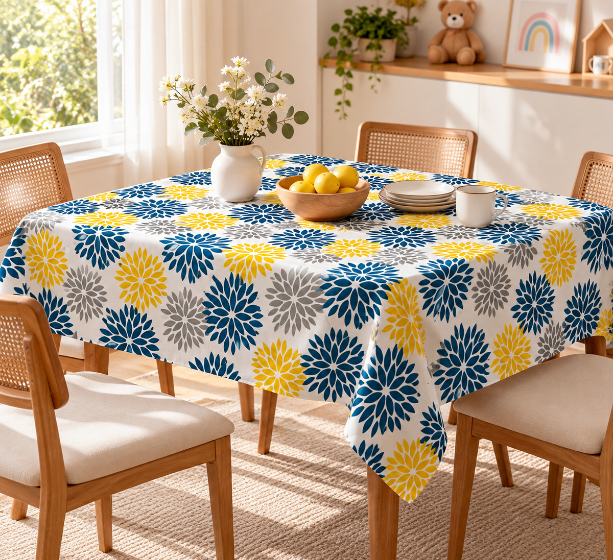 Blue, Grey & Yellow Floral Linen Velvet Tablecloth, Textured, Spill-Proof, Wrinkle-Resistant, Ultra-Soft, 1 Piece