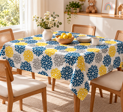 Blue, Grey & Yellow Floral Linen Velvet Tablecloth, Textured, Spill-Proof, Wrinkle-Resistant, Ultra-Soft, 1 Piece