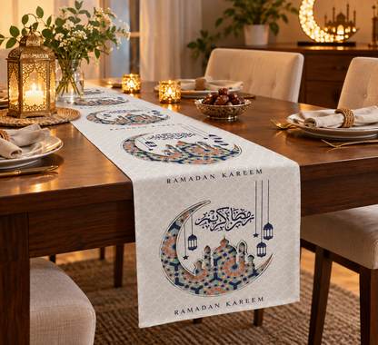Layali Ramadan Linen Velvet Tablecloth, Decorative Ramadan Pattern for Dining Table