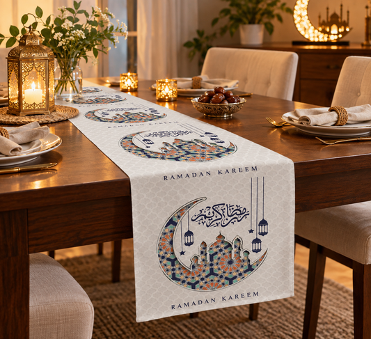 Layali Ramadan Linen Velvet Tablecloth, Decorative Ramadan Pattern for Dining Table