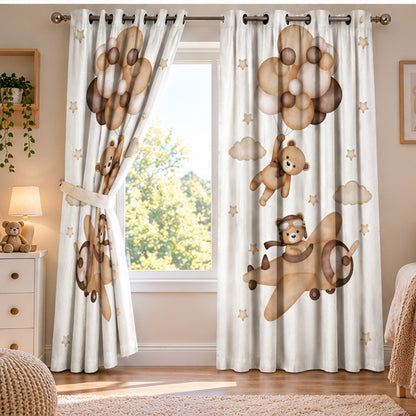 Intex Kids' Bear, Balloon & Cloud Linen-Velvet Privacy Curtains – Steel Grommets, Set of 2