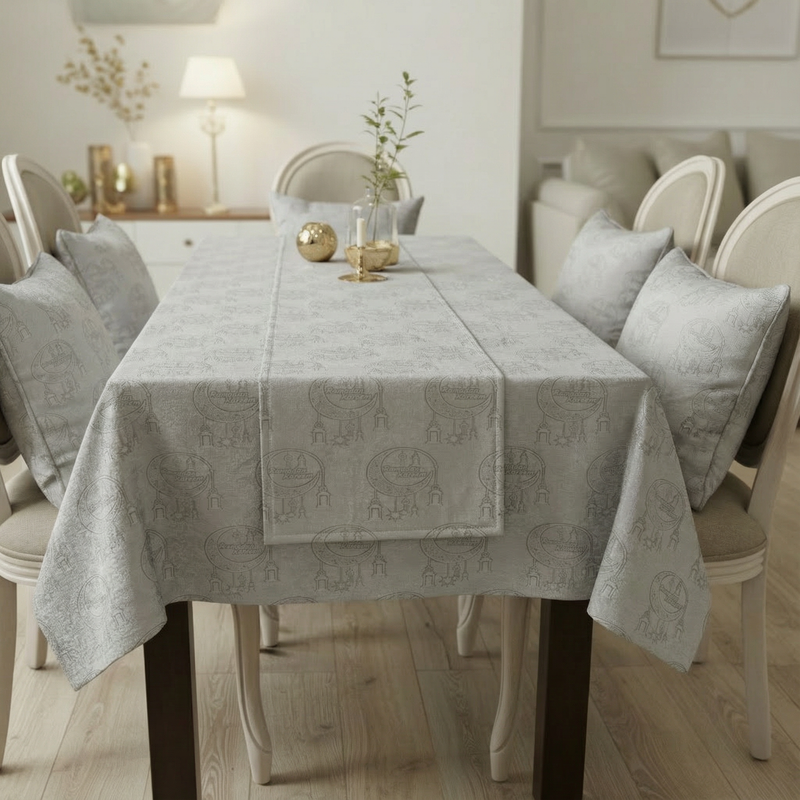 Ramadan Vibes 4-Piece Table Set, Premium Chenille, Tablecloth, Runner & 2 Cushion Covers